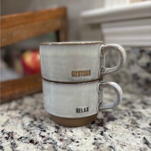 2 Mugs Stoneware Stackable 10 oz ‘Relax’ & ‘Restore’ Hearth & Hand By Magnolia
